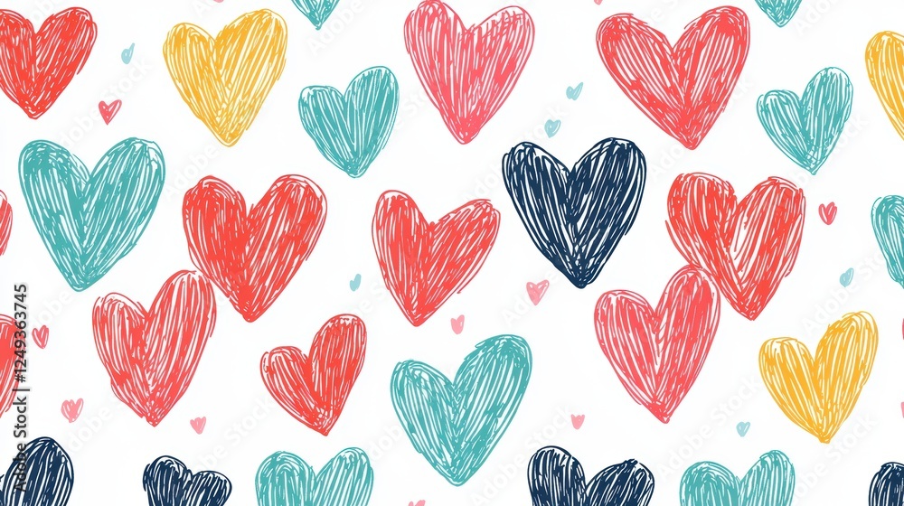 Fototapeta premium Playful doodle-style hearts with imperfect, artistic strokes, arranged in a visually appealing, colorful grid on a clean background