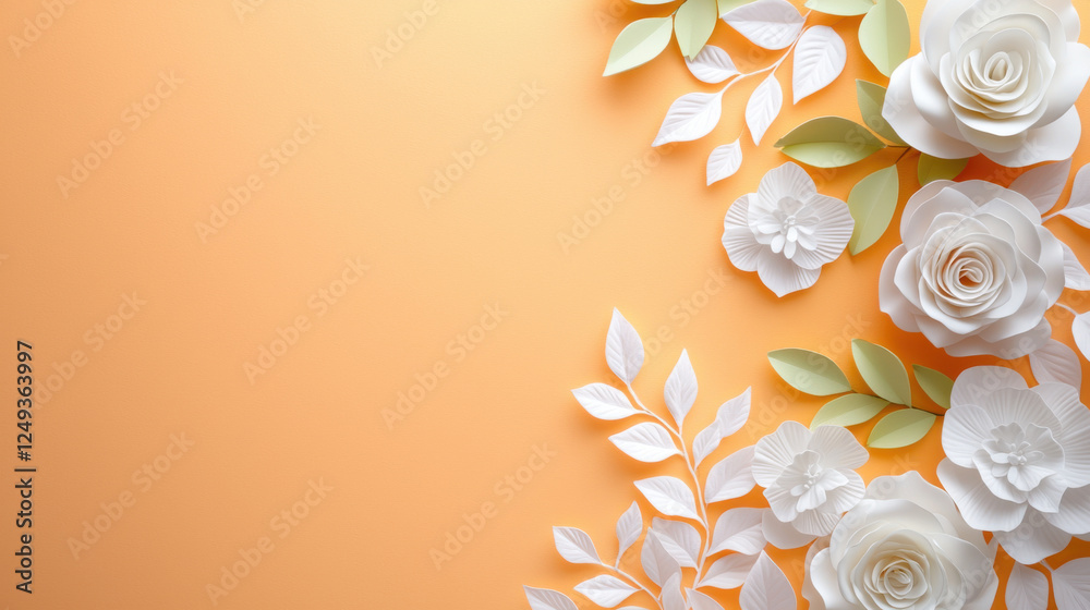 Naklejka premium Elegant white paper flowers and leaves on soft orange background
