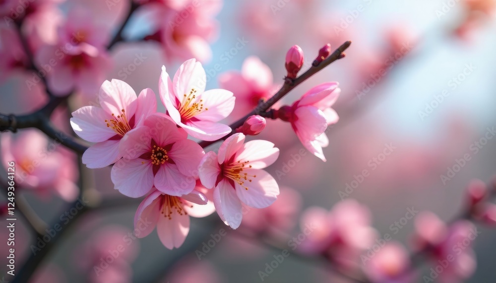 Delicate pink flowers unfolding on bare branches, pink flowers, cherry blossom Delicate pink flowers unfolding on bare branches, pink flowers, cherry blossom