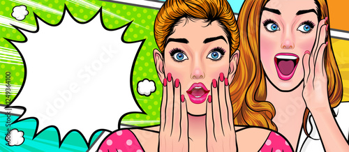 Woman whispering gossip secret to her friend surprise In Retro Vintage Pop Art Comic Style