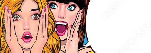 Woman whispering gossip or secret to her friend surprise In Retro Vintage Pop Art Comic