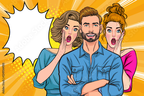 people whispering gossip or business secret to friend surprised In Retro Vintage Pop Art Comic Style