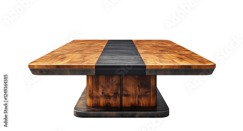 A modern rectangular dining table crafted from rich wood, featuring a unique black center inlay, is set against a clean, transparent background.