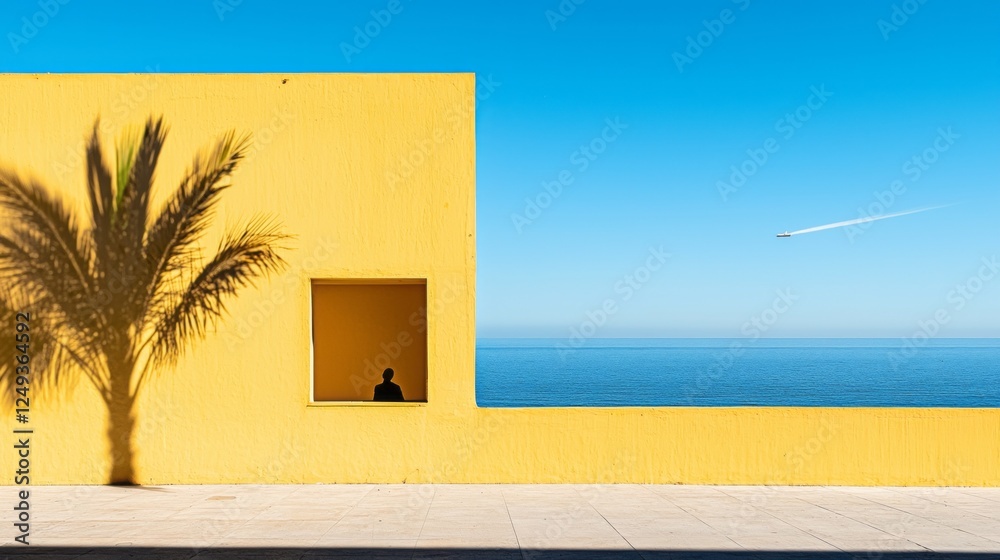 A serene moment unfolds as a man gazes at the endless Mediterranean sea from a yellow building. A palm tree’s shadow stretches beside him while a plane glides above, painting the sky A serene moment unfolds as a man gazes at the endless Mediterranean sea from a yellow building. A palm tree’s shadow stretches beside him while a plane glides above, painting the sky