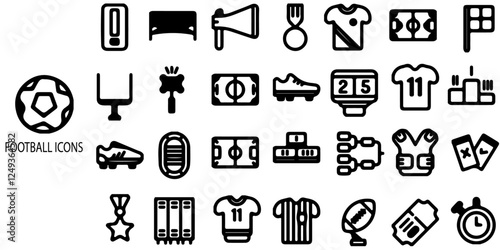 Football simple concept 28 icons set. Contains such ball, gloves, jersy, shoes, timer .Vector illustration.