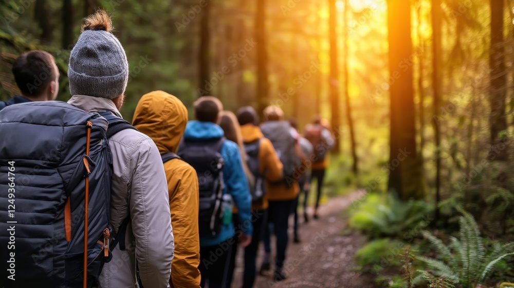 A group of hikers dressed in colorful jackets walking along a forest trail at sunrise, with golden sunlight streaming through the trees A group of hikers dressed in colorful jackets walking along a forest trail at sunrise, with golden sunlight streaming through the trees