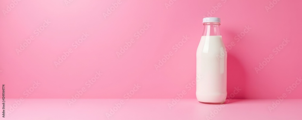 Glass bottle of white milk placed against a bright pink surface, pretty, colorful, attractive Glass bottle of white milk placed against a bright pink surface, pretty, colorful, attractive