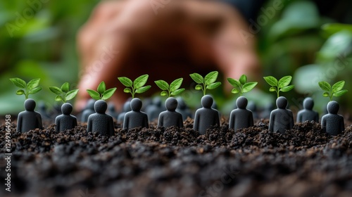 Small figurines with green sprouting plants in soil and hand reaching out in ...