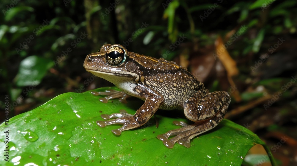 A close-up of a brown frog perched on a green leaf in a lush rainforest environment A close-up of a brown frog perched on a green leaf in a lush rainforest environment