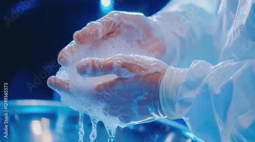 Surgical team member washing hands thoroughly, demonstrating the essential pre-surgery sterilization process in a hospital setting photo