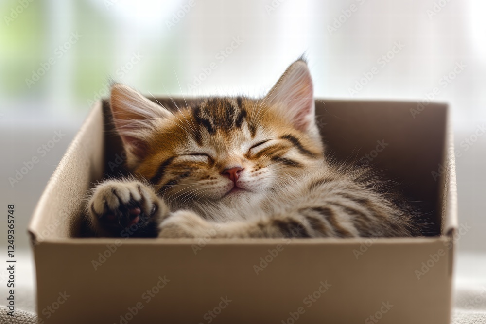 Cute kitten sleeping soundly in a cozy box during a sunny afternoon Cute kitten sleeping soundly in a cozy box during a sunny afternoon