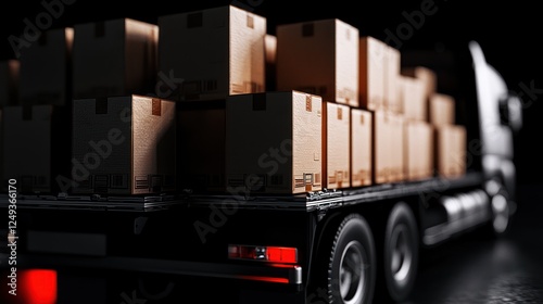 Truck loaded with cardboard boxes in a dark environment, highlighting logistics and delivery photo