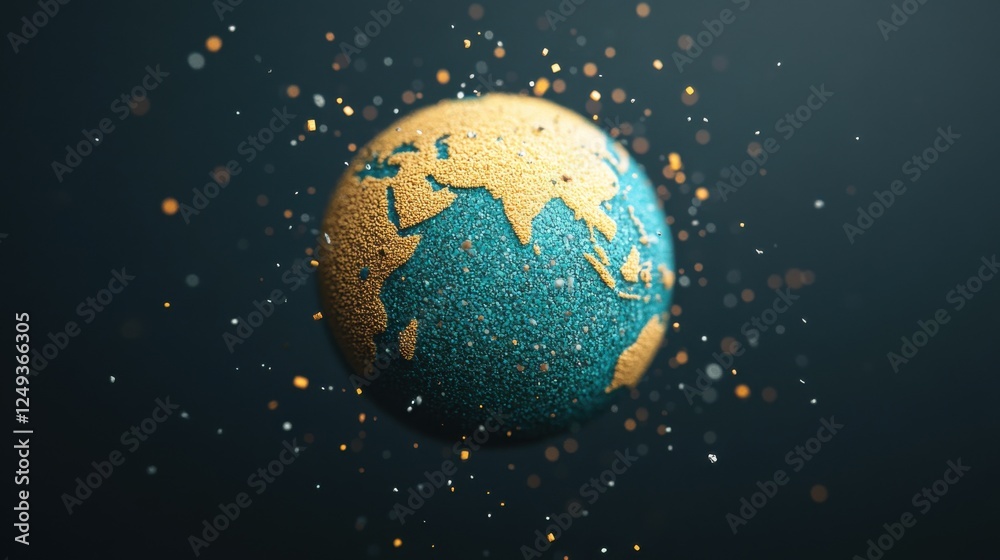 Fototapeta premium Beautiful Detailed Globe Covered by Falling Microplastic Particles Representing the Global Plastic Pollution Crisis