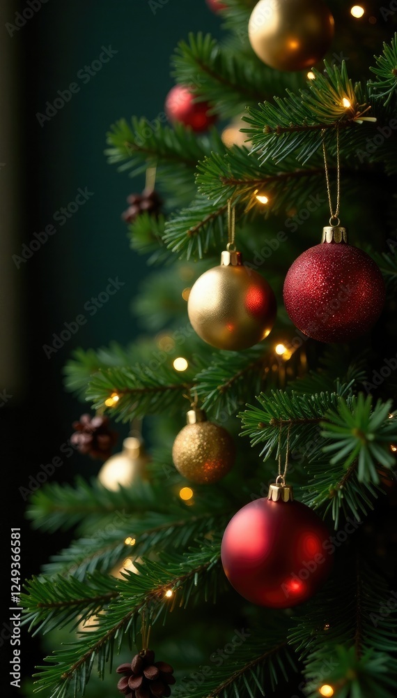 Fototapeta premium Ornamented evergreen tree with golden ornaments and warm lights, lights, holiday, glow