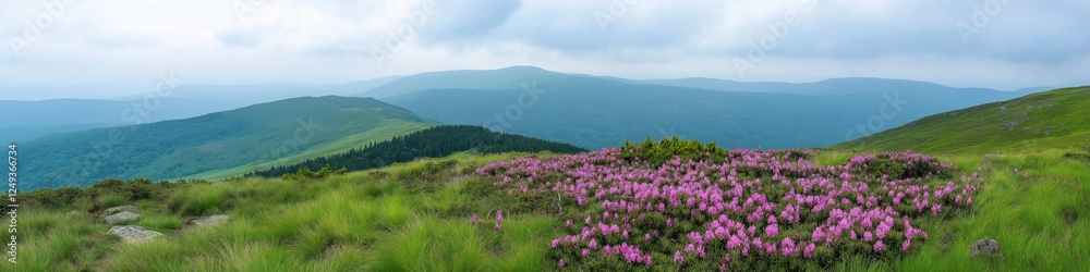 A beautiful mountain landscape with a field of purple flowers. The flowers are scattered throughout the field, with some in the foreground and others in the background. The sky is cloudy A beautiful mountain landscape with a field of purple flowers. The flowers are scattered throughout the field, with some in the foreground and others in the background. The sky is cloudy