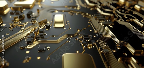 Ultra-detailed close-up of a gold microprocessor on a dark circuit board, emphasizing fine connections and cutting-edge technology photo