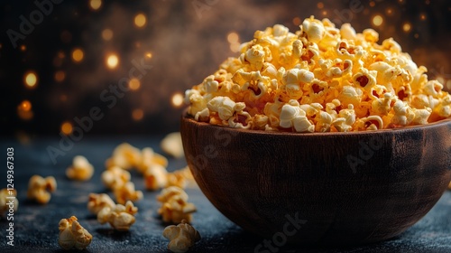 Popcorn in a wooden bowl with a blurred background of sparkling lights during...