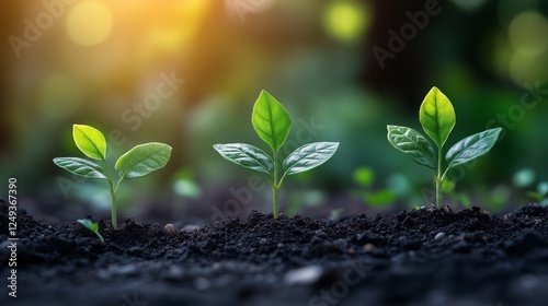 New plant sprouts growing in fertile soil during golden hour in a garden