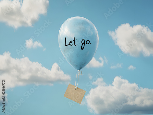 Blue Balloon, Let Go Message: A light blue balloon floats against a vibrant blue sky dotted with fluffy white clouds, carrying a handwritten message: 
