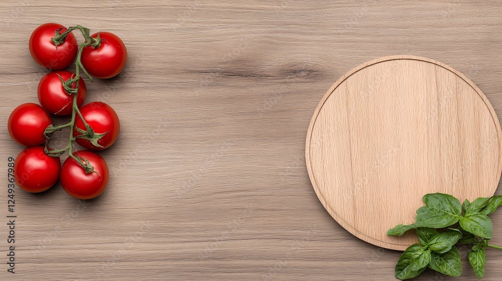 Red Cherry Tomatoes On Vine And Fresh Basil On Wooden Background Red Cherry Tomatoes On Vine And Fresh Basil On Wooden Background