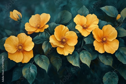 Yellow hibiscus flowers bloom against a dark green background in a vibrant bo...
