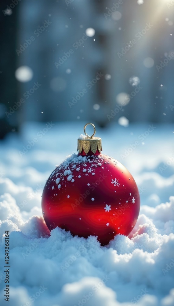 Snowflakes dance around the red ornament as it rests on the ground, winter, serene, ground Snowflakes dance around the red ornament as it rests on the ground, winter, serene, ground
