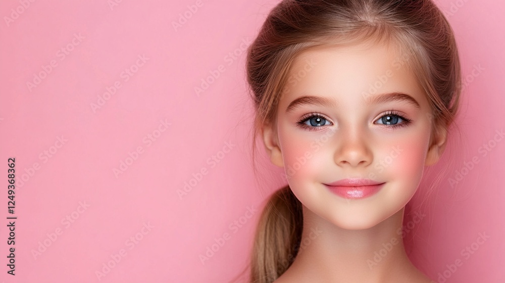 Portrait of a young person with bright blue eyes and natural makeup against a pink background, showcasing pure innocence and gentle smile in a minimalist beauty shot. Portrait of a young person with bright blue eyes and natural makeup against a pink background, showcasing pure innocence and gentle smile in a minimalist beauty shot.