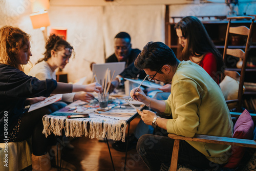 A group of friends gathers around a table, engaging in creative painting activities, fostering collaboration and fun in a warm and inviting living space.