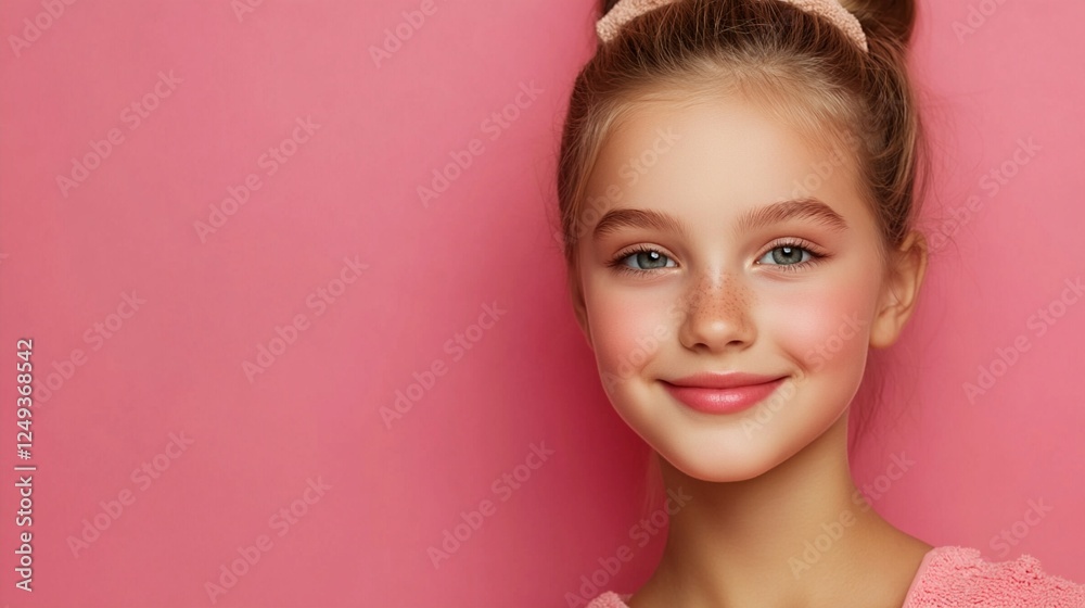 Portrait of a young person with bright blue eyes and natural makeup smiling warmly against a pink background, radiating happiness and innocence in casual attire Portrait of a young person with bright blue eyes and natural makeup smiling warmly against a pink background, radiating happiness and innocence in casual attire