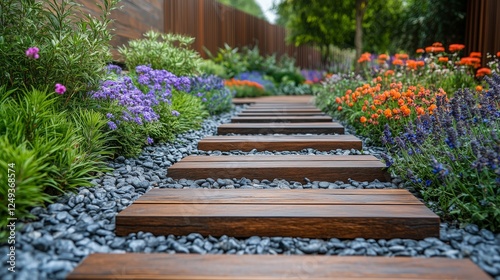 Colorful flower garden with wooden pathway surrounded by greenery and gravel