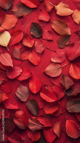 Colorful autumn leaves arranged on a vibrant red background creating a season...
