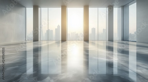 Bright, empty office space with large windows overlooking a city skyline at s...