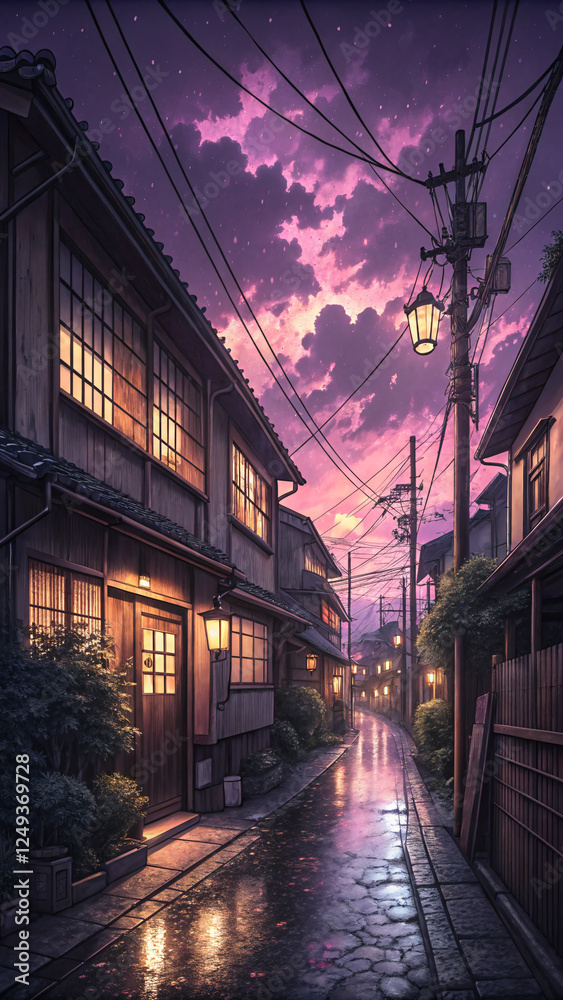 Cozy traditional Japanese street at twilight with warm lantern lights, wooden houses, and a pink-purple sky reflected on wet cobblestone paths Cozy traditional Japanese street at twilight with warm lantern lights, wooden houses, and a pink-purple sky reflected on wet cobblestone paths