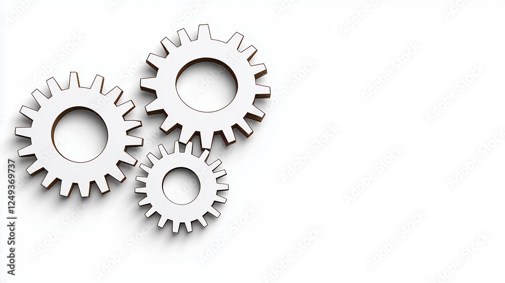 Three white gears meshing against a white background, showcasing a concept of interconnectedness and mechanical function, with a light brown detailed edge. Three white gears meshing against a white background, showcasing a concept of interconnectedness and mechanical function, with a light brown detailed edge.