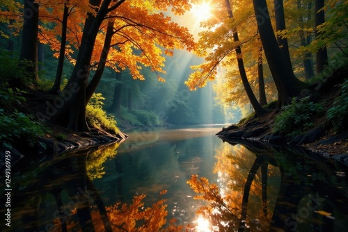 Trees' leaves reflect in the calm surface of Lithia Creek, oregon, reflective light photo