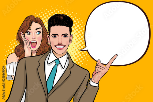 people whispering gossip or business secret to friend surprised In Retro Vintage Pop Art Comic Style