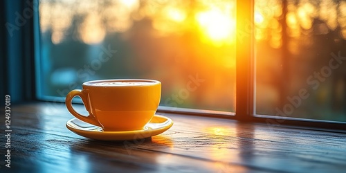 Wallpaper Mural Warm yellow cup of coffee sits by the window as sunrise illuminates the peaceful morning landscape outside Torontodigital.ca