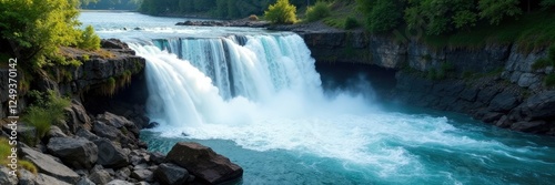 Turbulent water cascades down rocky cliffside, poolofwater, waterfall photo