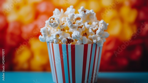Freshly popped popcorn in a classic striped container with colorful background