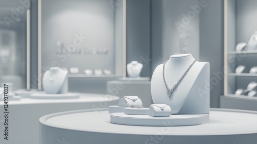 Elegant jewelry display showcases exquisite necklaces and rings in a modern s...