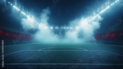 Foggy soccer field illuminated by stadium lights during a night match