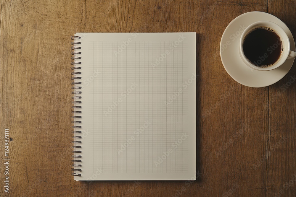 Blank notebook, coffee, wooden table, top view, productivity Blank notebook, coffee, wooden table, top view, productivity