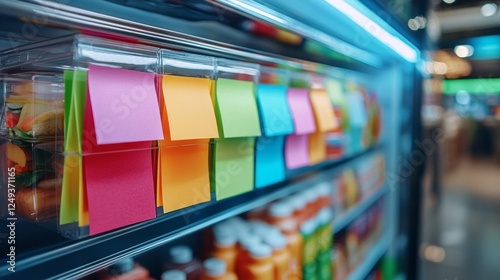 Brightly colored post-it notes cover the front of a refrigerator, showcasing reminders and ideas. This practical yet playful setup enhances organization and creativity in any workspace