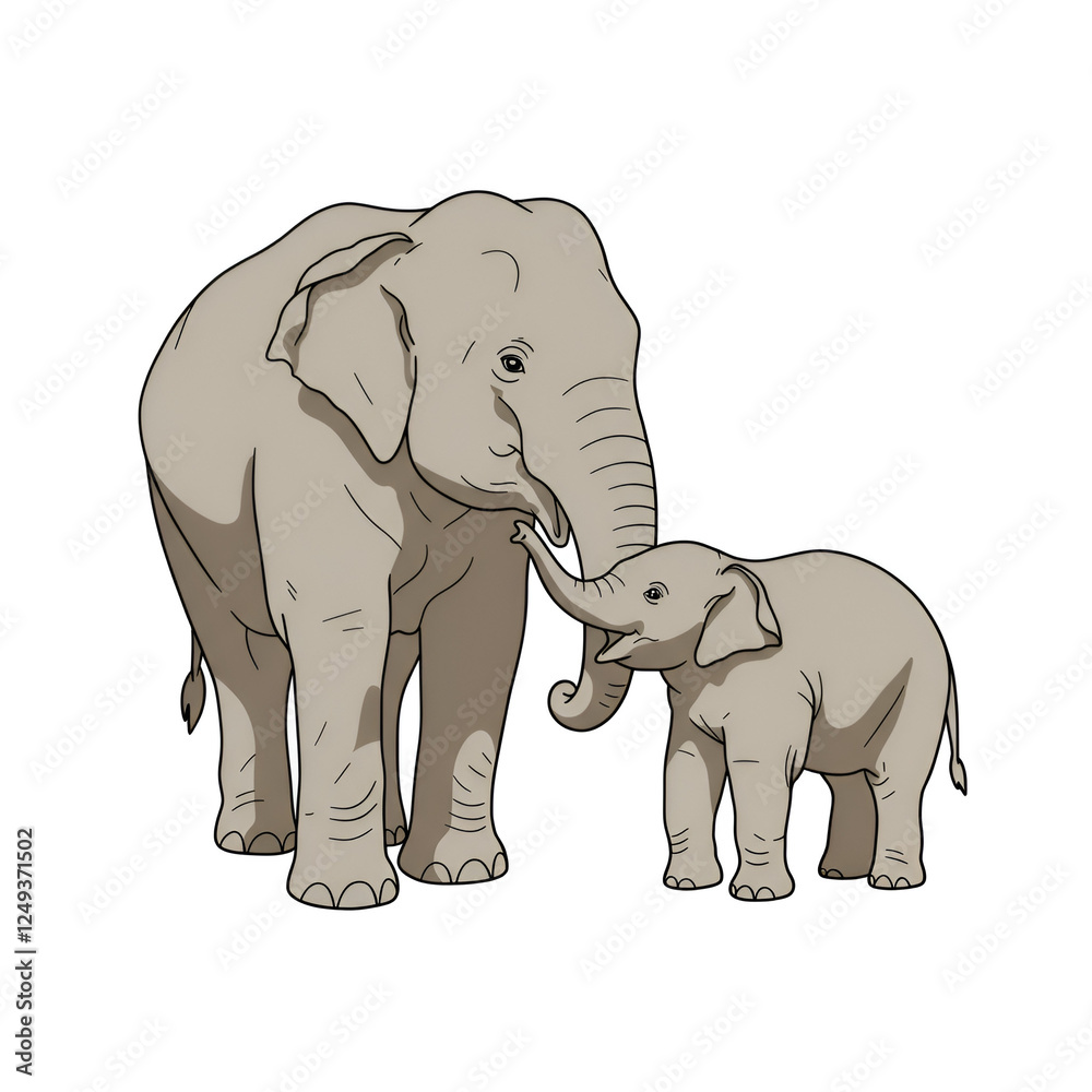 Fototapeta premium Calf Elephant Playing Near Its Mother with Gentle Lines