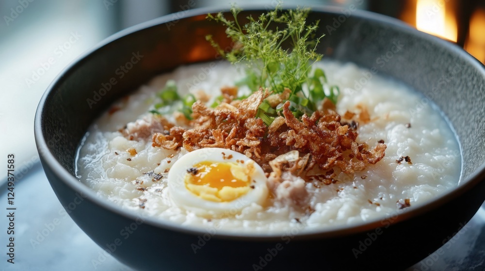 Delicious Creamy Rice Porridge with Egg and Garnish in Black Bowl Delicious Creamy Rice Porridge with Egg and Garnish in Black Bowl