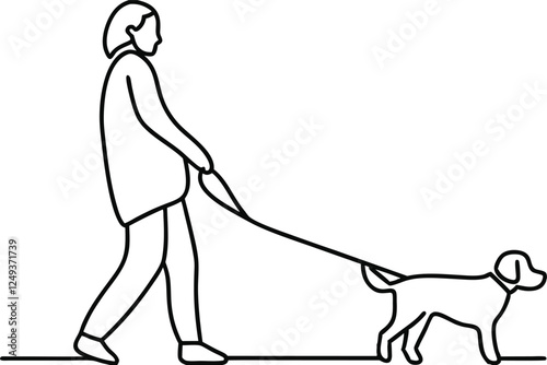 one line drawing of a person walking their dog