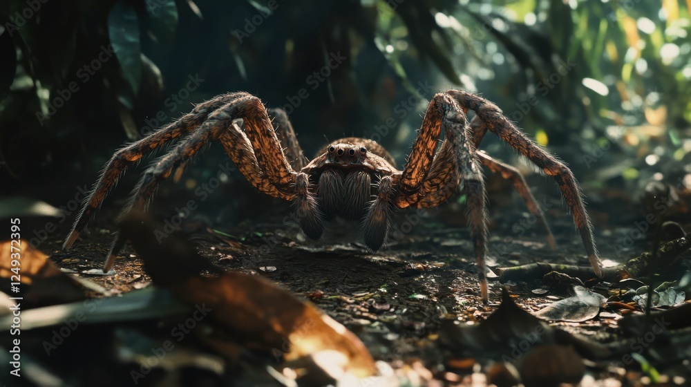 Realistic Spider Crawling on Forest Floor with Lush Green Background Realistic Spider Crawling on Forest Floor with Lush Green Background