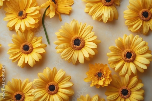 Bright yellow daisies arranged neatly on a light surface create a cheerful at...