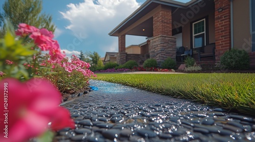 Beautiful garden with pink flowers and a pebble walkway under a blue sky in a...