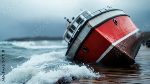 Danger of Heavy Storm Concept, Boat Tilted in Stormy Harbor, Waves Crash Against Side of Vessel During Stormy Weather
